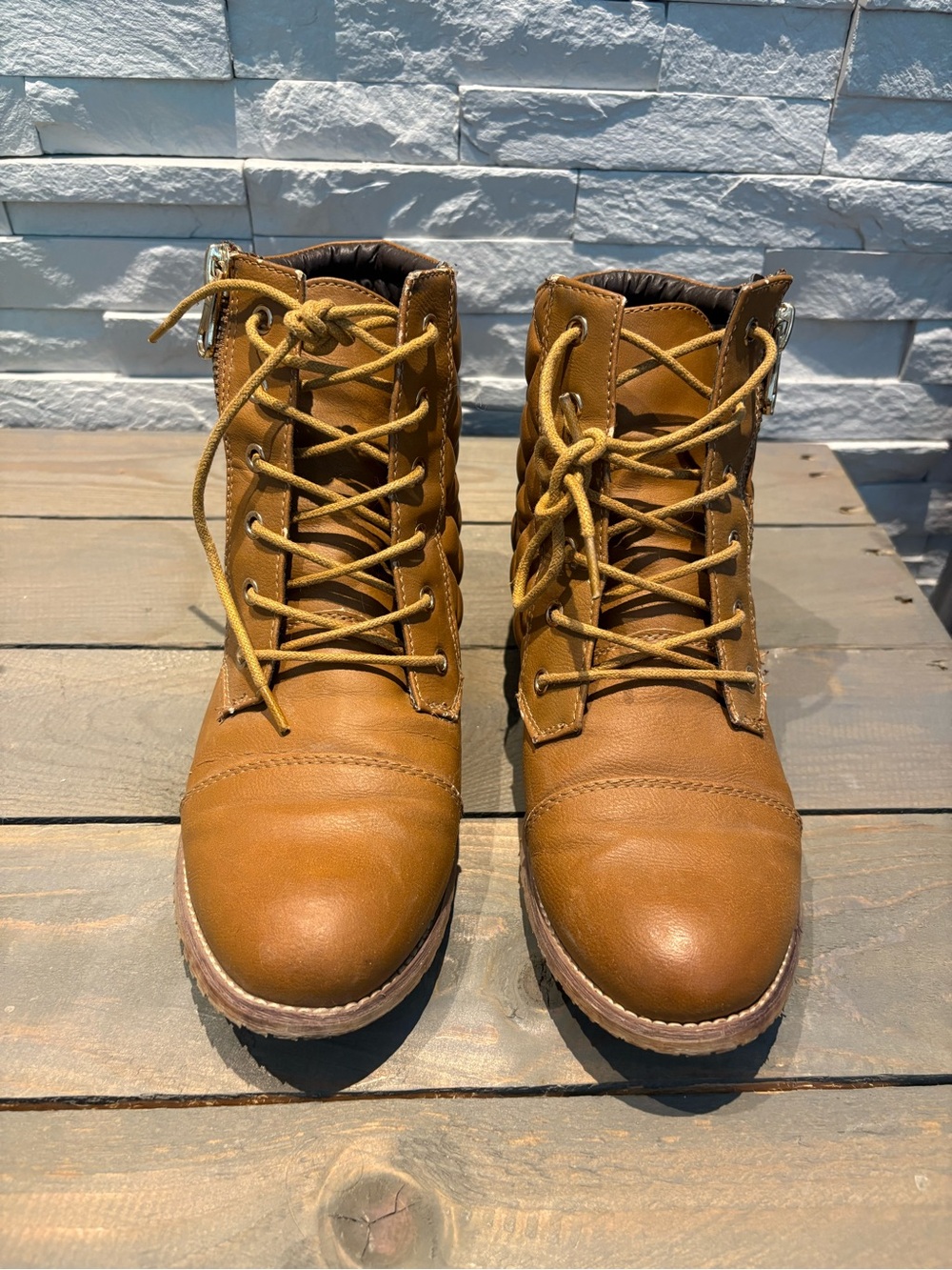 Cognac Leather Style Lace-Up Ankle Boots with low heel – Size 8